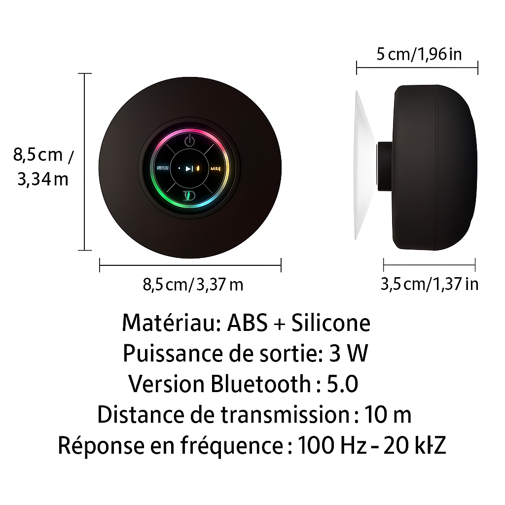Enceinte Bluetooth Étanche IPX4 avec LED et Ventouse – Portable et Sans Fil